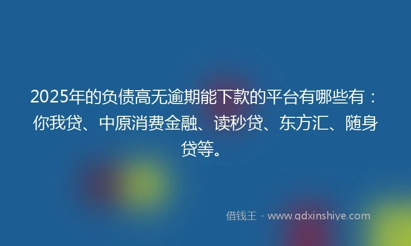 2025年的负债高无逾期能下款的平台有哪些有：你我贷、中原消费金融、读秒贷、东方汇、随身贷等。
