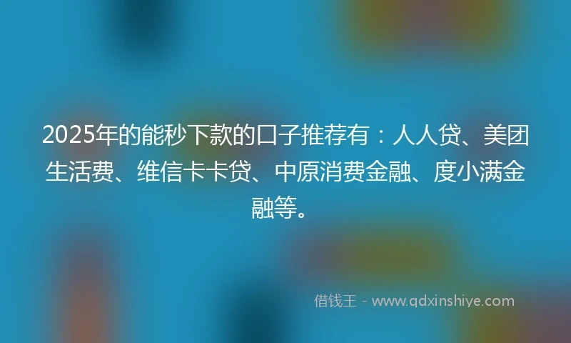 2025年的能秒下款的口子推荐有：人人贷、美团生活费、维信卡卡贷、中原消费金融、度小满金融等。