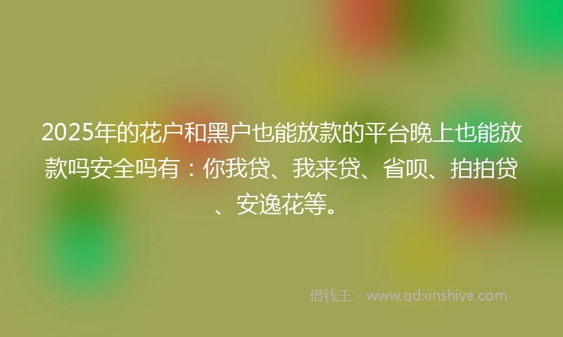 2025年的花户和黑户也能放款的平台晚上也能放款吗安全吗有：你我贷、我来贷、省呗、拍拍贷、安逸花等。