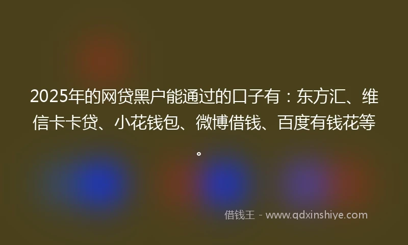 2025年的网贷黑户能通过的口子有：东方汇、维信卡卡贷、小花钱包、微博借钱、百度有钱花等。