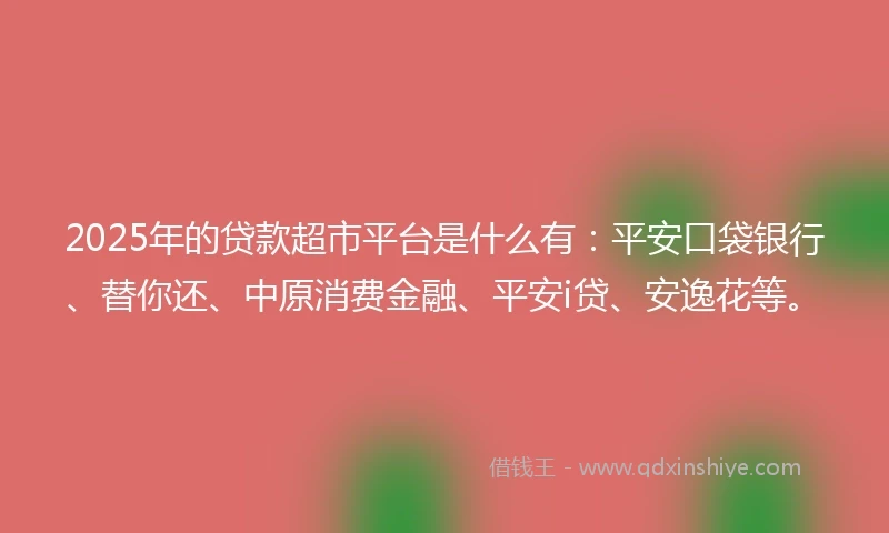 2025年的贷款超市平台是什么有：平安口袋银行、替你还、中原消费金融、平安i贷、安逸花等。