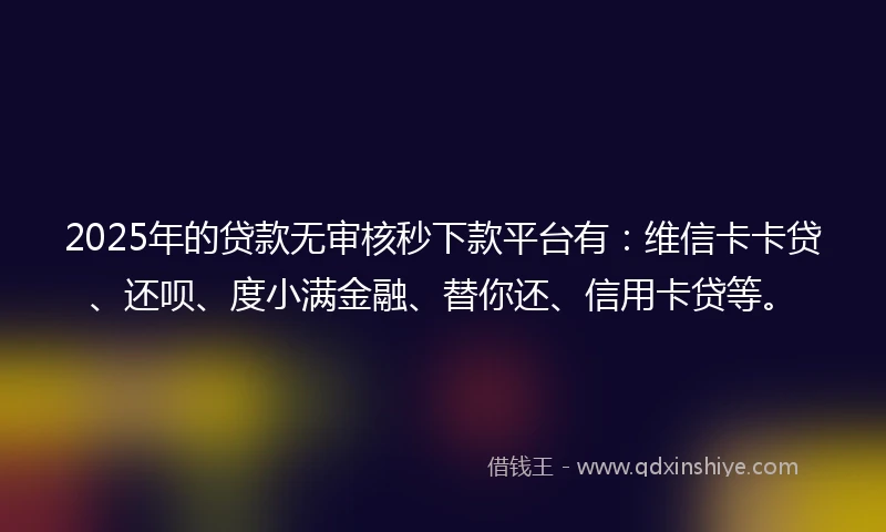 2025年的贷款无审核秒下款平台有：维信卡卡贷、还呗、度小满金融、替你还、信用卡贷等。