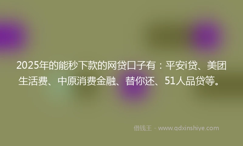 2025年的能秒下款的网贷口子有：平安i贷、美团生活费、中原消费金融、替你还、51人品贷等。