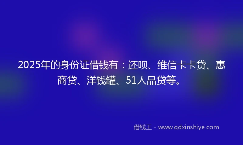 2025年的身份证借钱有：还呗、维信卡卡贷、惠商贷、洋钱罐、51人品贷等。