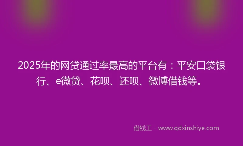 2025年的网贷通过率最高的平台有：平安口袋银行、e微贷、花呗、还呗、微博借钱等。
