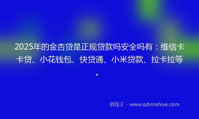 2025年的金杏贷是正规贷款吗安全吗有：维信卡卡贷、小花钱包、快贷通、小米贷款、拉卡拉等。