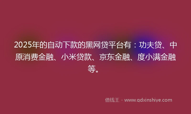 2025年的自动下款的黑网贷平台有：功夫贷、中原消费金融、小米贷款、京东金融、度小满金融等。