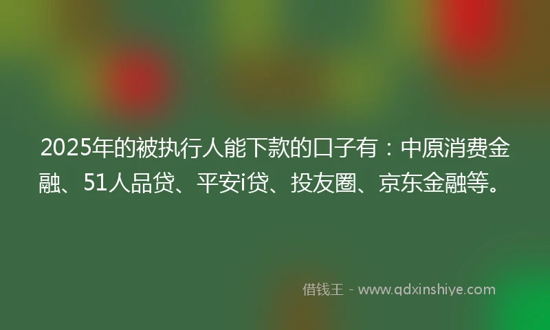 2025年的被执行人能下款的口子有：中原消费金融、51人品贷、平安i贷、投友圈、京东金融等。