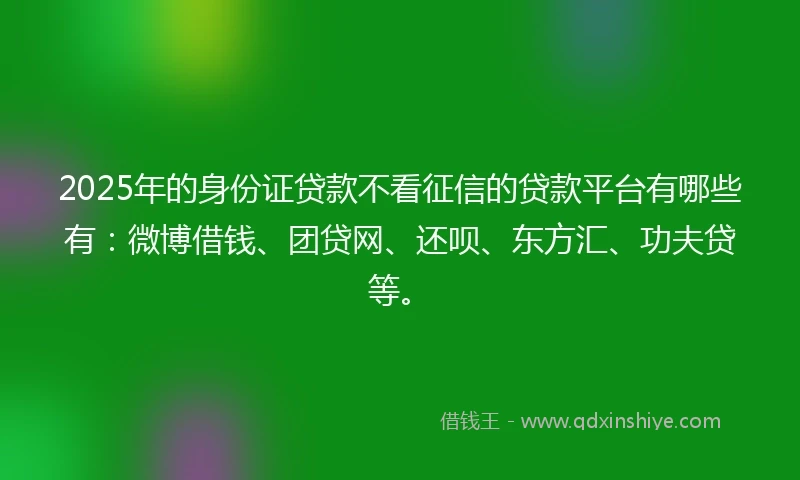 2025年的身份证贷款不看征信的贷款平台有哪些有：微博借钱、团贷网、还呗、东方汇、功夫贷等。