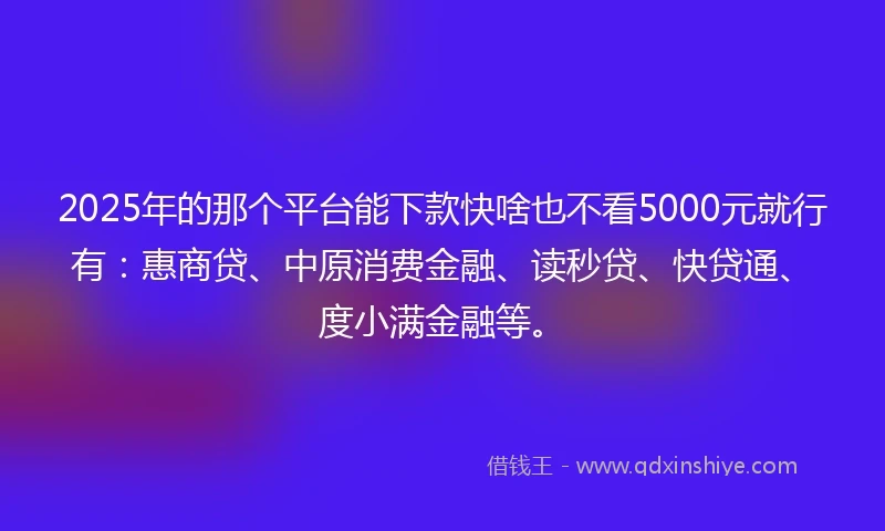 2025年的那个平台能下款快啥也不看5000元就行有：惠商贷、中原消费金融、读秒贷、快贷通、度小满金融等。