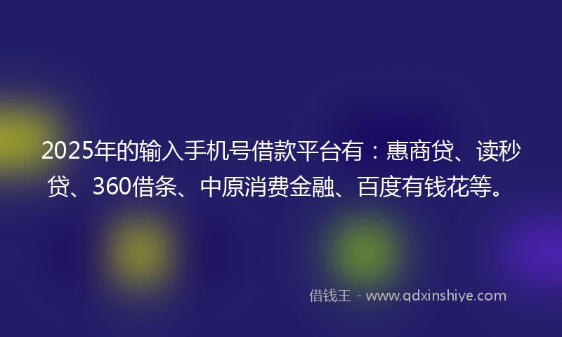 2025年的输入手机号借款平台有：惠商贷、读秒贷、360借条、中原消费金融、百度有钱花等。