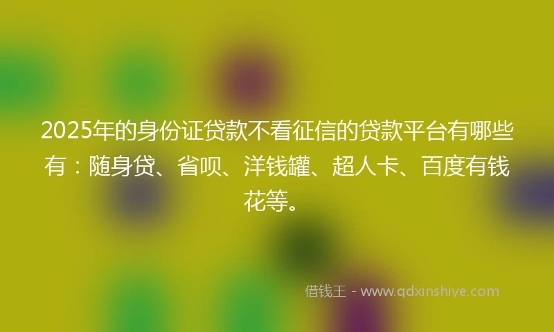 2025年的身份证贷款不看征信的贷款平台有哪些有：随身贷、省呗、洋钱罐、超人卡、百度有钱花等。