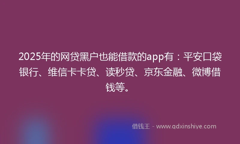 2025年的网贷黑户也能借款的app有：平安口袋银行、维信卡卡贷、读秒贷、京东金融、微博借钱等。