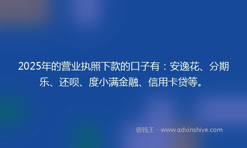 2025年的营业执照下款的口子有：安逸花、分期乐、还呗、度小满金融、信用卡贷等。