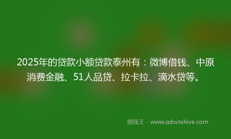 2025年的贷款小额贷款泰州有:微博借钱、中原消费金融、51人品贷、拉卡拉、滴水贷等。