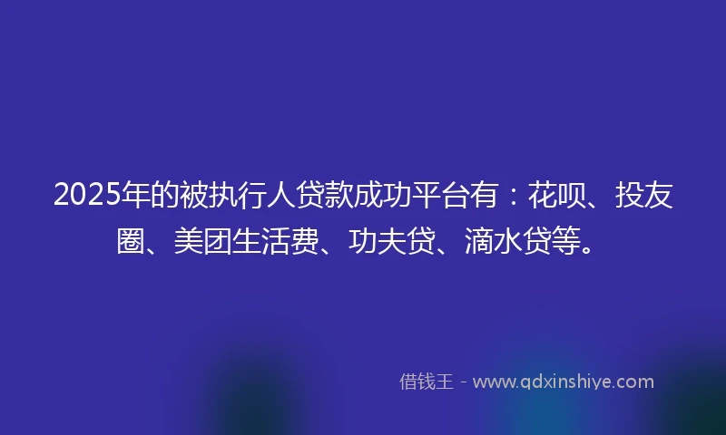 2025年的被执行人贷款成功平台有：花呗、投友圈、美团生活费、功夫贷、滴水贷等。