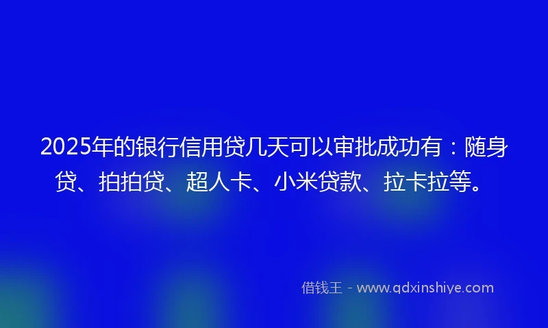2025年的银行信用贷几天可以审批成功有：随身贷、拍拍贷、超人卡、小米贷款、拉卡拉等。