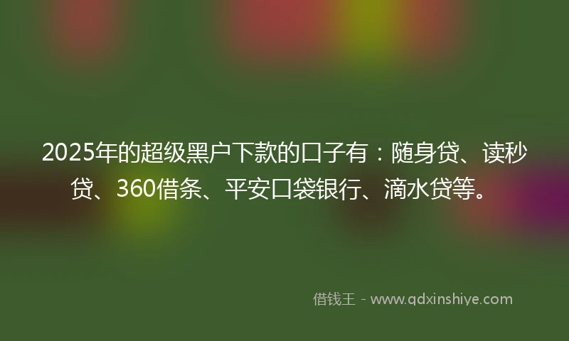 2025年的超级黑户下款的口子有：随身贷、读秒贷、360借条、平安口袋银行、滴水贷等。