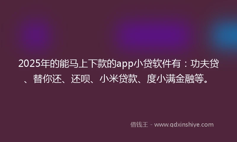 2025年的能马上下款的app小贷软件有：功夫贷、替你还、还呗、小米贷款、度小满金融等。