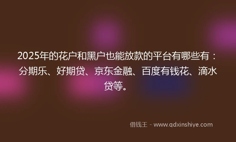 2025年的花户和黑户也能放款的平台有哪些有：分期乐、好期贷、京东金融、百度有钱花、滴水贷等。