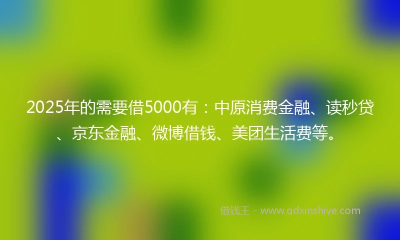 2025年的需要借5000有:中原消费金融、读秒贷、京东金融、微博借钱、美团生活费等。