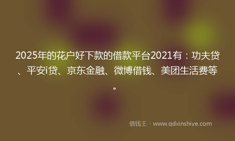 2025年的花户好下款的借款平台2021有：功夫贷、平安i贷、京东金融、微博借钱、美团生活费等。