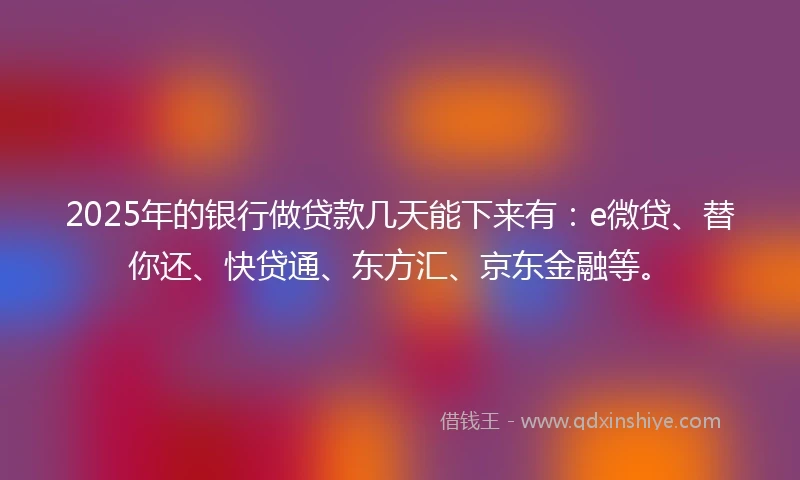 2025年的银行做贷款几天能下来有：e微贷、替你还、快贷通、东方汇、京东金融等。