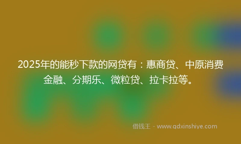 2025年的能秒下款的网贷有：惠商贷、中原消费金融、分期乐、微粒贷、拉卡拉等。