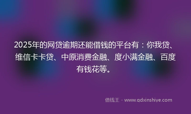 2025年的网贷逾期还能借钱的平台有：你我贷、维信卡卡贷、中原消费金融、度小满金融、百度有钱花等。