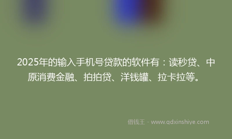 2025年的输入手机号贷款的软件有：读秒贷、中原消费金融、拍拍贷、洋钱罐、拉卡拉等。