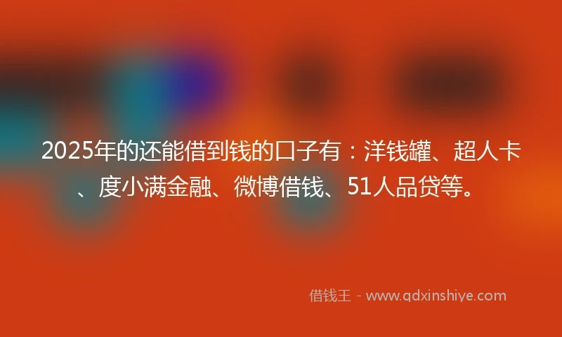 2025年的还能借到钱的口子有：洋钱罐、超人卡、度小满金融、微博借钱、51人品贷等。