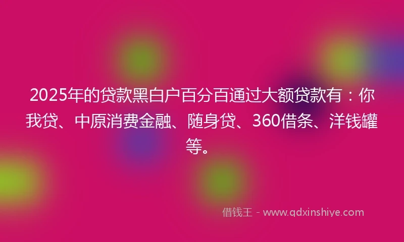 2025年的贷款黑白户百分百通过大额贷款有：你我贷、中原消费金融、随身贷、360借条、洋钱罐等。