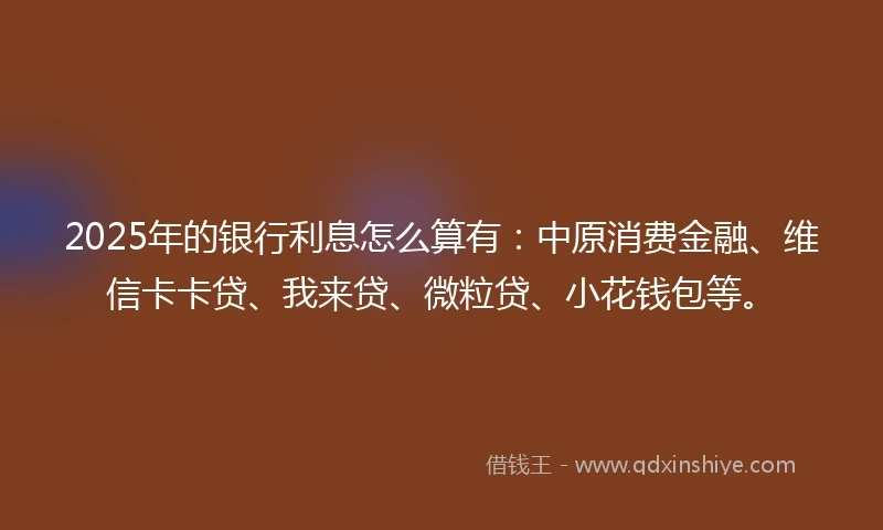2025年的银行利息怎么算有：中原消费金融、维信卡卡贷、我来贷、微粒贷、小花钱包等。