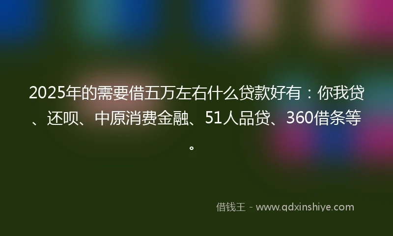 2025年的需要借五万左右什么贷款好有：你我贷、还呗、中原消费金融、51人品贷、360借条等。