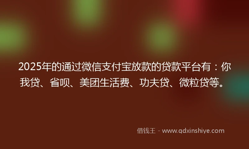 2025年的通过微信支付宝放款的贷款平台有：你我贷、省呗、美团生活费、功夫贷、微粒贷等。
