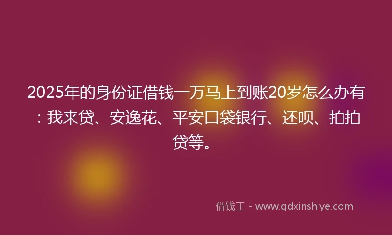2025年的身份证借钱一万马上到账20岁怎么办有：我来贷、安逸花、平安口袋银行、还呗、拍拍贷等。