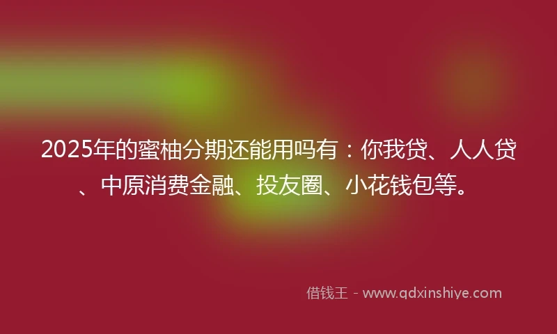 2025年的蜜柚分期还能用吗有：你我贷、人人贷、中原消费金融、投友圈、小花钱包等。