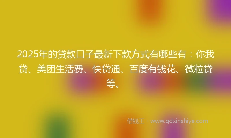 2025年的贷款口子最新下款方式有哪些有：你我贷、美团生活费、快贷通、百度有钱花、微粒贷等。