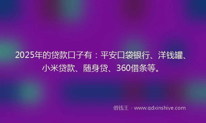 2025年的贷款口子有：平安口袋银行、洋钱罐、小米贷款、随身贷、360借条等。