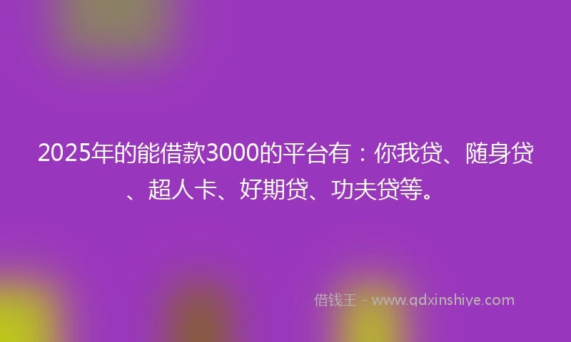 2025年的能借款3000的平台有：你我贷、随身贷、超人卡、好期贷、功夫贷等。