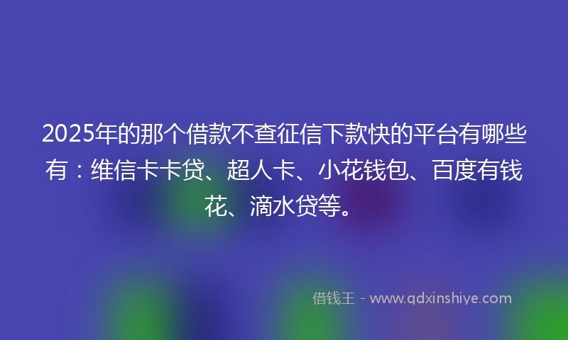 2025年的那个借款不查征信下款快的平台有哪些有：维信卡卡贷、超人卡、小花钱包、百度有钱花、滴水贷等。