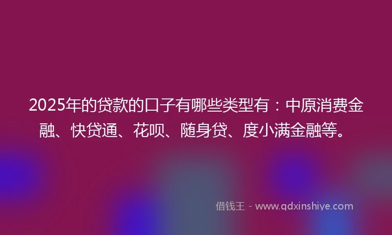 2025年的贷款的口子有哪些类型有：中原消费金融、快贷通、花呗、随身贷、度小满金融等。