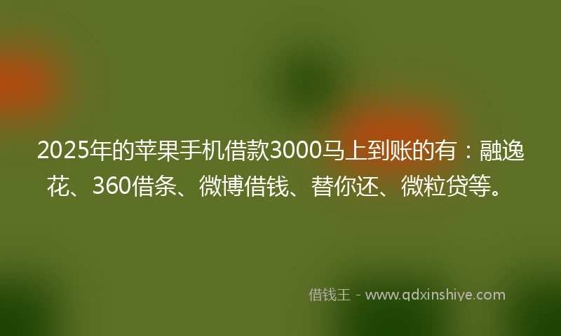 2025年的苹果手机借款3000马上到账的有：融逸花、360借条、微博借钱、替你还、微粒贷等。