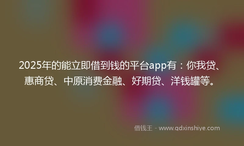2025年的能立即借到钱的平台app有：你我贷、惠商贷、中原消费金融、好期贷、洋钱罐等。