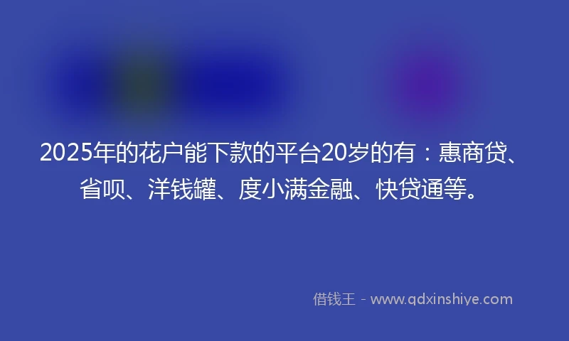 2025年的花户能下款的平台20岁的有：惠商贷、省呗、洋钱罐、度小满金融、快贷通等。