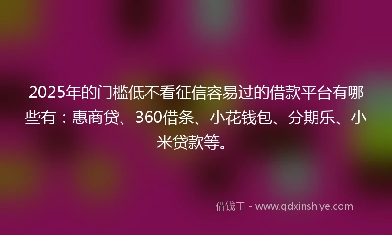 2025年的门槛低不看征信容易过的借款平台有哪些有：惠商贷、360借条、小花钱包、分期乐、小米贷款等。