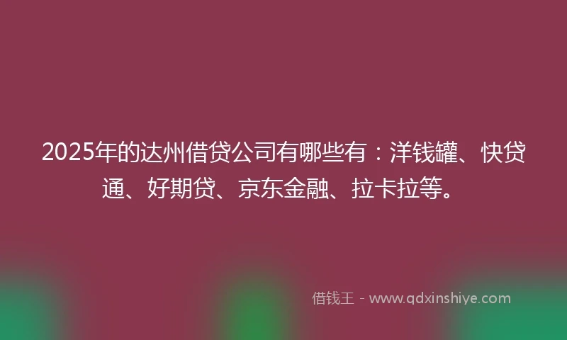 2025年的达州借贷公司有哪些有：洋钱罐、快贷通、好期贷、京东金融、拉卡拉等。