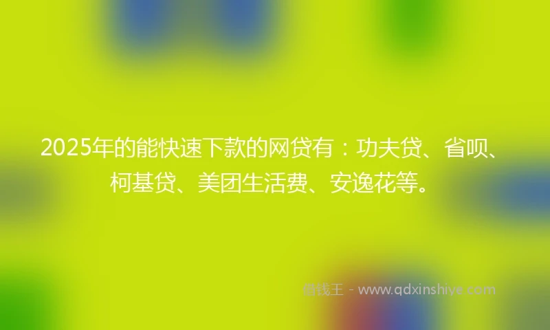 2025年的能快速下款的网贷有：功夫贷、省呗、柯基贷、美团生活费、安逸花等。