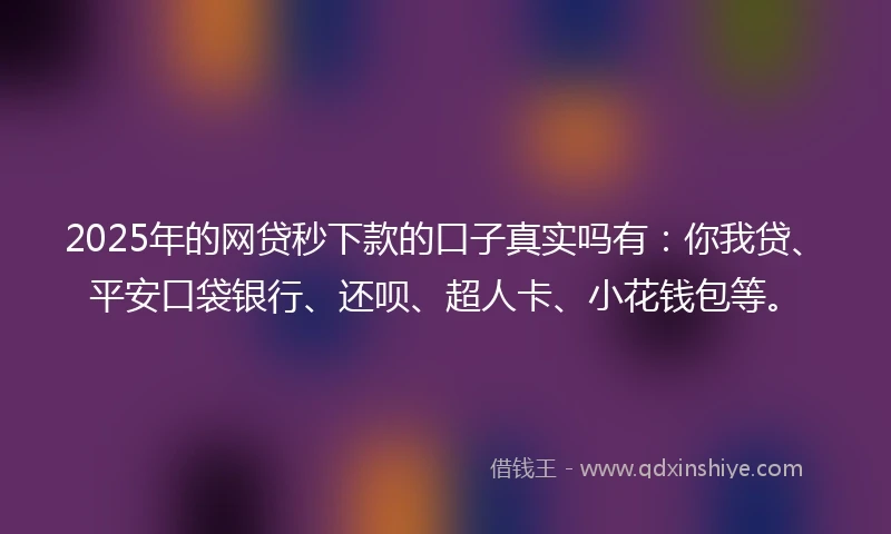 2025年的网贷秒下款的口子真实吗有：你我贷、平安口袋银行、还呗、超人卡、小花钱包等。