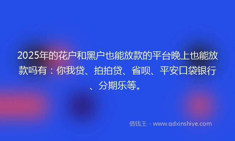 2025年的花户和黑户也能放款的平台晚上也能放款吗有：你我贷、拍拍贷、省呗、平安口袋银行、分期乐等。
